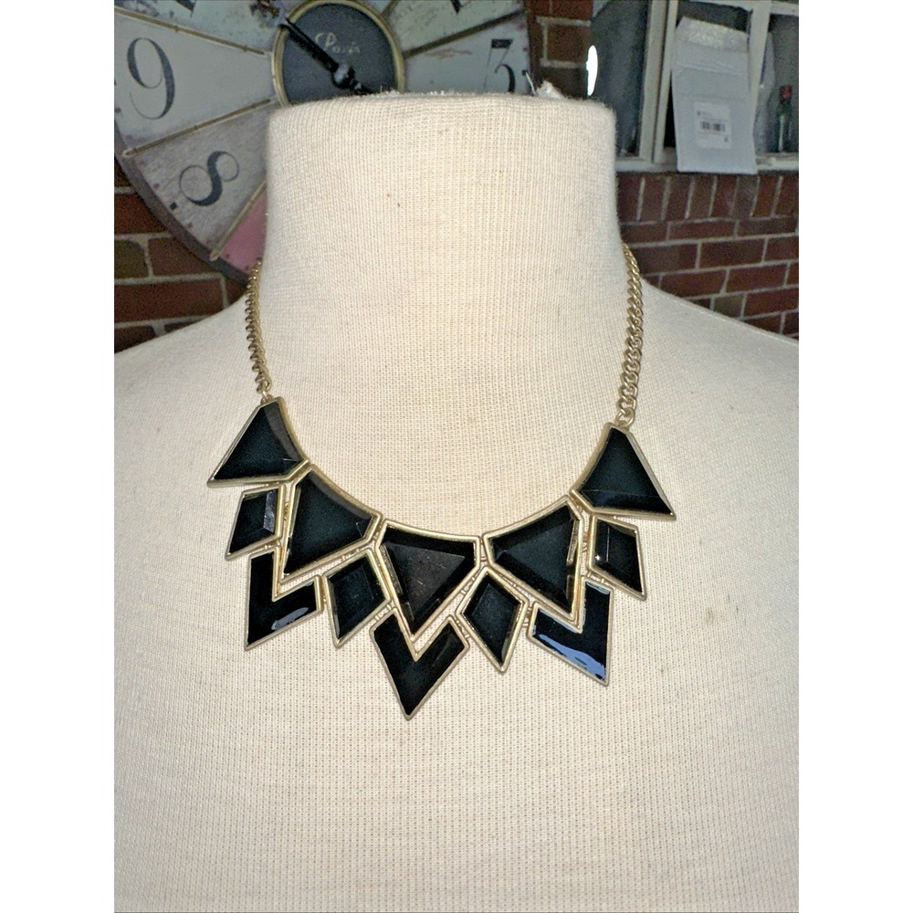 Cookie Lee Statement Necklace Women OS Black Gold NEW Geometric Bib 19067